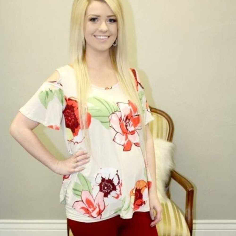 NWT Taupe Cream Floral Cold Shoulder Blouse Top Drop Spring Summer Fall Medium